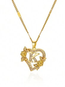 锆石心形花朵字母项链，金色，A-Z字母心形项链，婚礼珠宝礼物，情人节礼物，母亲节礼物 - 金黃色 - 查看 26