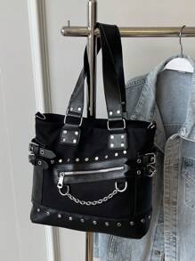 DareSee Borsa tote vintage di grande capacità, colore unito, borsa a spalla cool punk Y2K per ragazze, borsa a tracolla e borse a mano da donna con borchie, borsa a tracolla versatile con tasche multiple, colore unito, borsa a tracolla per uso esterno e viaggi, borsa a tracolla casual per pendolarismo e shopping, adatta per MusicFest, Y2KFest, Back to School, autunno, Natale, inverno, regali di Natale