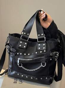 DareSee Borsa tote vintage di grande capacità, colore unito, borsa a spalla cool punk Y2K per ragazze, borsa a tracolla e borse a mano da donna con borchie, borsa a tracolla versatile con tasche multiple, colore unito, borsa a tracolla per uso esterno e viaggi, borsa a tracolla casual per pendolarismo e shopping, adatta per MusicFest, Y2KFest, Back to School, autunno, Natale, inverno, regali di Natale