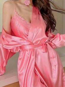 CONJUNTO DE BATA Y VESTIDO PARA DORMIR - Rosa - Ver 2