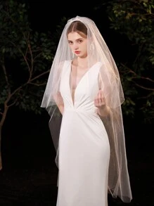 Velo nupcial blanco elegante de múltiples capas, de longitud a la cintura, adecuado para bodas (los pendientes usados por el modelo no están incluidos), verano, playa - Blanco - Ver 2