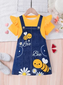 Young Girls' Cute Bee Denim Effect Printed Cap Sleeve Round Neck Casual Dress - Yellow - View 1