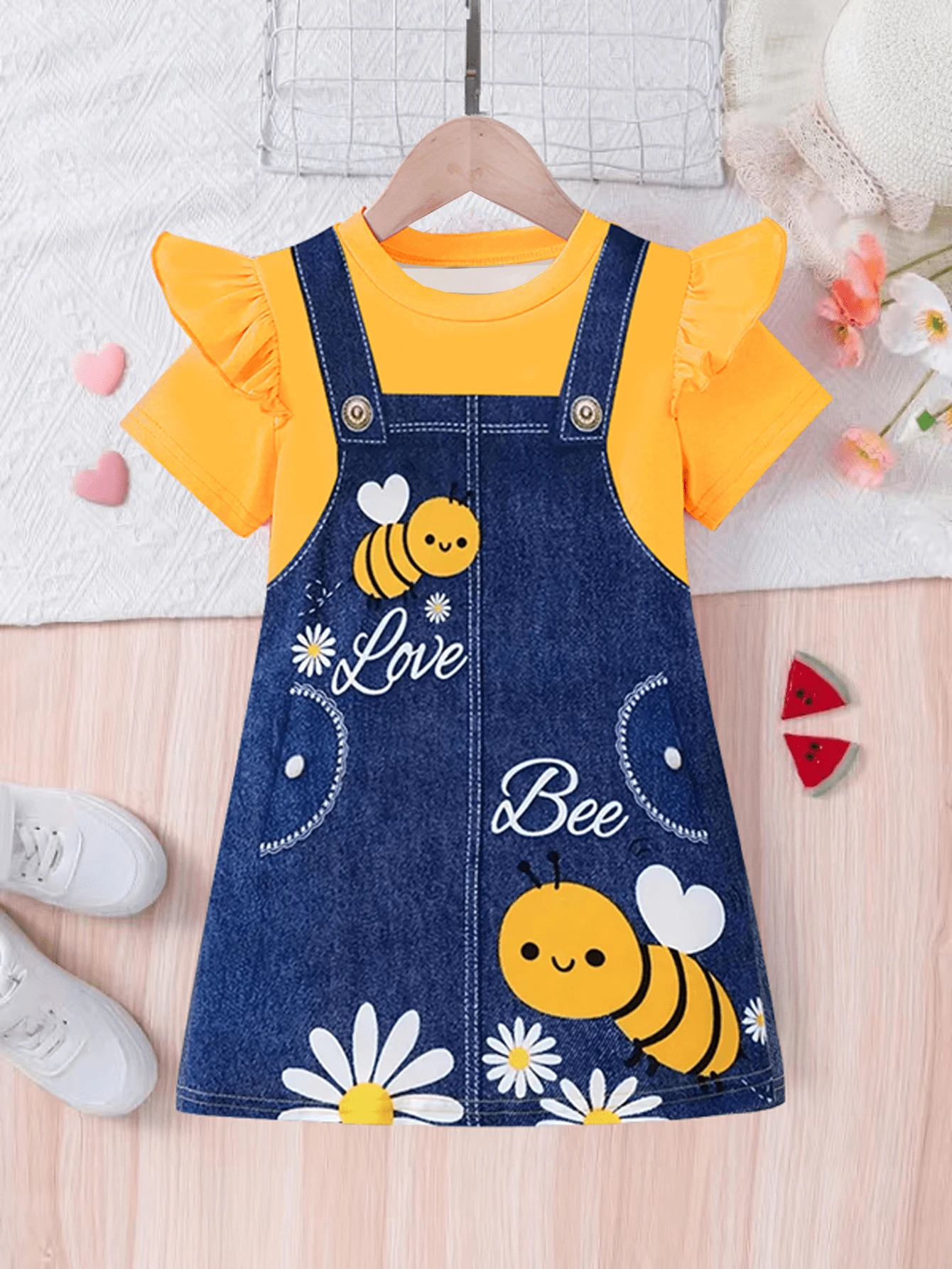 Young Girls' Cute Bee Denim Effect Printed Cap Sleeve Round Neck Casual Dress - Yellow - View 1