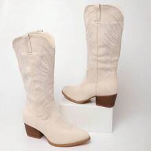 Women Western Cowboy Boots – Embroidered Mid-Calf Chunky Heel Cowgirl Boots With Side Zipper Stylish Comfortable Suede Fall/Winter Boots For Country Concert, Rodeo, Nashville Trip, Festival & Daily Wear [Size Up Half Size] - 白色 - 查看 6