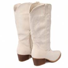 Women Western Cowboy Boots – Embroidered Mid-Calf Chunky Heel Cowgirl Boots With Side Zipper Stylish Comfortable Suede Fall/Winter Boots For Country Concert, Rodeo, Nashville Trip, Festival & Daily Wear [Size Up Half Size] - 白色 - 查看 5