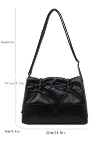 Black Bowknot Decor Drawstring Pleated Bowknot PU Material Flap Zipper Shoulder Bag, With Adjustable Shoulder Strap, Suitable For Daily Commute, Japanese Style Bag - Black - View 4