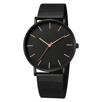 1pc Fashionable Quartz Watch With Black & Rose Gold Dial Luxury Ladies Fashion Elegant Metal Mesh Strap Stainless Steel Large Dial Quartz Clock Women Watch,Ideal Choice For Gifts
