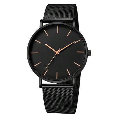 1pc Fashion Quartz Watch, Black & Rose Gold Dial, Luxury Women's Elegant Metal Mesh Strap, Stainless Steel Large Dial Quartz Clock, Ladies Watch, Great Gift