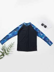 3pcs/Set Exotic Scenery Rash Guard Swimsuit, Boyfriend Style Men Quick Dry Sports Swimming Outfit With Long Sleeve Shirt, Sports Pants And Beach Shorts With Pockets - Royal Blue - View 5