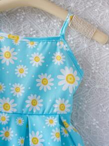 Conjunto de 2 piezas de vestidos casuales y lindos de tirantes impresos con margaritas para niñas jóvenes, adecuado para actividades al aire libre y vacaciones en primavera o verano