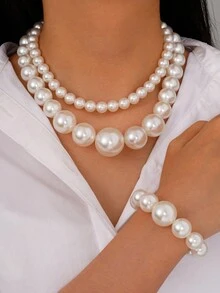 3pcs Fashionable And Simple Faux Pearl Bracelet Necklace Jewelry Set For Women, Suitable For Daily Wear, Dates, And Holidays, Great Gift - Silver - View 9