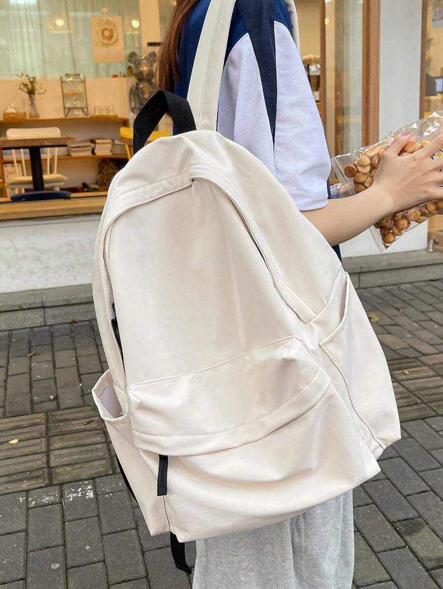 大容量纯色多口袋背包，返校用品 - 米色 - 查看 1