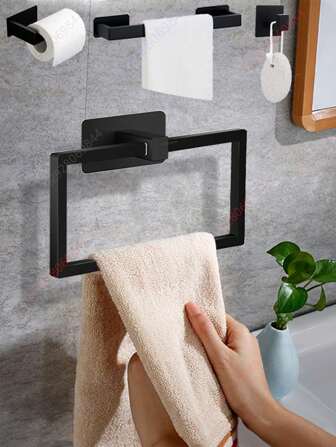 1PC Adhesive Towels Rack Bathroom Towel Ring Holder Toilet Paper Holder Wall Hooks Washhand Towel Hanger Rail Bar Black Dishcloth Holder Without Drilling Stainless Steel Hanger Foot Handkerchief Towel Stand WC Accessories Organizer Storage
