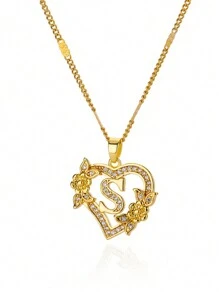 锆石心形花朵字母项链，金色，A-Z字母心形项链，婚礼珠宝礼物，情人节礼物，母亲节礼物 - 金黃色 - 查看 23