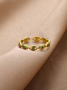 1 Stück grüner Stein Kubikzirkonia Böse Augen Offener Ring für Frauen aus Edelstahl vergoldet, verstellbarer Fingerring, europäischer und amerikanischer Modeschmuck