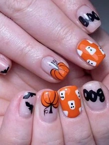 24入組短款明亮萬聖節主題指甲貼紙-南瓜，鬼魂和蝙蝠-2024年最新萬聖節指甲藝術，特色和個性化禮物，適合女性和女孩，配有果凍膠和指甲文件 - 橘色 - 查看 1