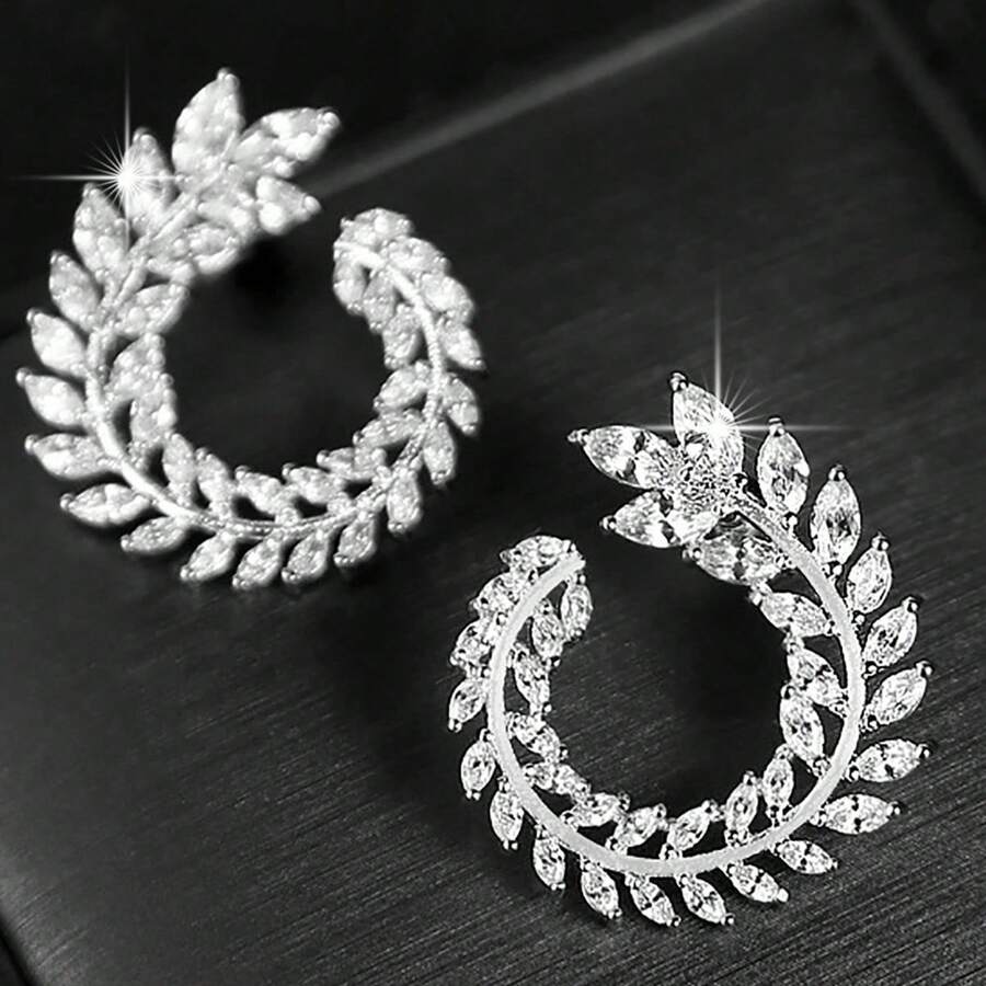 New Fashion Exaggerated Zirconia Earrings, Exquisite And Fashionable, With Leaves Twirling Design For Street Snap - Silver - View 1