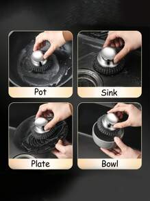 1/2 pezzi Spazzola in acciaio inossidabile con manico, spugna abrasiva in acciaio per pulizia stoviglie resistente, spazzola in filo metallico per pulizia di pentole, padelle, griglie e lavelli.