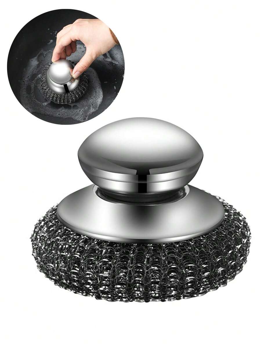 1/2 pezzi Spazzola in acciaio inossidabile con manico, spugna abrasiva in acciaio per pulizia stoviglie resistente, spazzola in filo metallico per pulizia di pentole, padelle, griglie e lavelli.