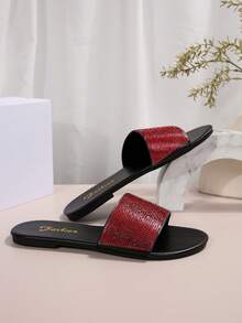 紅色鑽飾黑色圓頭大尺碼扁跟薄底女涼鞋，時尚優雅華麗的寬鬆女鞋，輕便時尚迷人的假日休閒風格，各尺寸皆有（36-44） - 紅色 - 查看 6