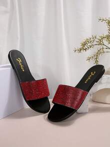 紅色鑽飾黑色圓頭大尺碼扁跟薄底女涼鞋，時尚優雅華麗的寬鬆女鞋，輕便時尚迷人的假日休閒風格，各尺寸皆有（36-44） - 紅色 - 查看 4