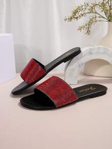 紅色鑽飾黑色圓頭大尺碼扁跟薄底女涼鞋，時尚優雅華麗的寬鬆女鞋，輕便時尚迷人的假日休閒風格，各尺寸皆有（36-44） - 紅色 - 查看 5