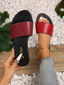 紅色鑽飾黑色圓頭大尺碼扁跟薄底女涼鞋，時尚優雅華麗的寬鬆女鞋，輕便時尚迷人的假日休閒風格，各尺寸皆有（36-44） - 紅色 - 查看 1