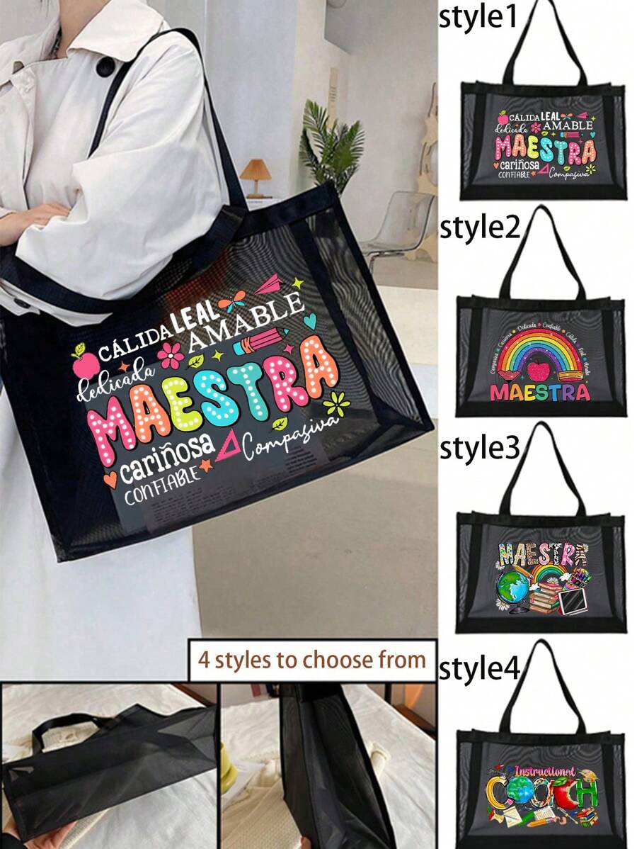 Bolsa de playa de malla con estampado arcoíris, bolsa de playa con letra Maestra, bolsa de playa plegable con cremallera, impermeable y a prueba de arena, bolso de playa de malla con decoración de letra para mujer, adecuado para almacenamiento y compras de vacaciones en la playa para adolescentes y universitarias, gran capacidad, gran regalo para familia, amigos, estudiantes, vuelta al cole, regalos para maestros, mejor regalo para el Día del Maestro - Rosa - Ver 1