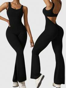 Speed mate 女式无袖瑜伽连体裤，带提臀功能，女式露背喇叭裤，塑身衣 - 黑色 - 查看 3