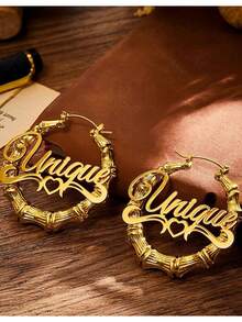 Custom Name Bamboo Hoop Earrings, Fashionable 7cm Oversized Round Shaped Bamboo Earrings For Women, Personalized Gold Color Letter Heart Pattern Hoops, Party Jewelry Gift For Girlfriend Or Couple - Gold - View 4