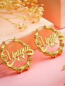 Custom Name Bamboo Hoop Earrings, Fashionable 7cm Oversized Round Shaped Bamboo Earrings For Women, Personalized Gold Color Letter Heart Pattern Hoops, Party Jewelry Gift For Girlfriend Or Couple - Gold - View 5
