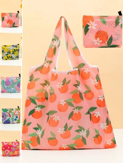 1pc Large Capacity Foldable Shopping Bag, Creative Portable Printed -Friendly Handheld Storage Bag With Fruit Design, Fashionable & Elegant Accessory, Travel Organizer & Dopamine Girls' Color Matching Collection, A Thoughtful Gift For Family And Friends