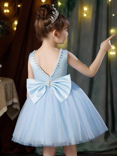 Vestido de fiesta de Navidad con escote en V profundo, lazo y decoración de perlas azules para niña, vestido de princesa adecuado para fiestas de cumpleaños, banquetes, bailes de graduación, damas de honor en bodas, Acción de Gracias y graduación