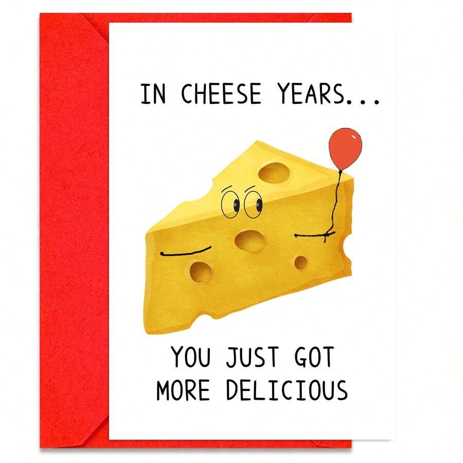 In Cheese Years, Funny Cheese Greeting Cards, Humorous Birthday Cards For Family, Friends, BFF, Men, Women, Card Size Is 6.3*4.33 In, Included Envelope. - Red - View 1