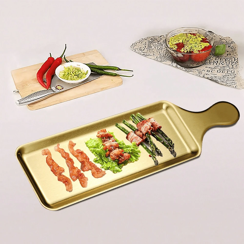 1入組帶手柄金色不銹鋼燒烤盤，適用於烤肉、甜點、烤肉串、比薩和牛排，可供作盛餐盤或壽司盤，在廚房和餐廳使用 - 金色 - 查看 1