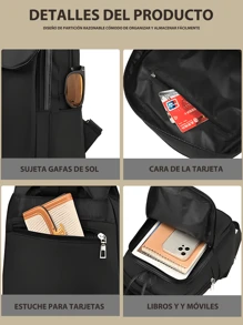 Mochila De Gran Capacidad Para Estudiantes Con Cubierta Abatible Y Correa Para El Hombro Para con cordón de solapa clásica, minimalista con gran capacidad para portátil, trabajo casual de negocios para mujeres, resistente al agua, adecuada para bolsa funcional de viaje universitaria para la escuela, capacidad grande, portátil, compartimento para portátil, para adolescentes, mujeres, estudiantes universitarios, hombres, colegio, escuela primaria, escuela media, escuela secundaria, trabajo, negocios, viajes, salida al aire libre. - Negro - Ver 5