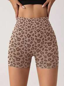 1pc Leopard Seamless Yoga Shorts, Butt Lift Peach Hip Workout Running Shorts, Women's Shorts Women Boxer Shorts Summer Sports - Brown - View 3