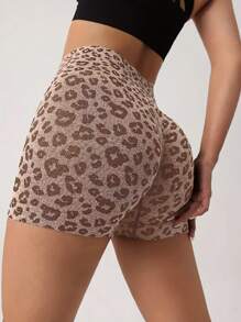 1pc Leopard Seamless Yoga Shorts, Butt Lift Peach Hip Workout Running Shorts, Women's Shorts Women Boxer Shorts Summer Sports - Brown - View 6