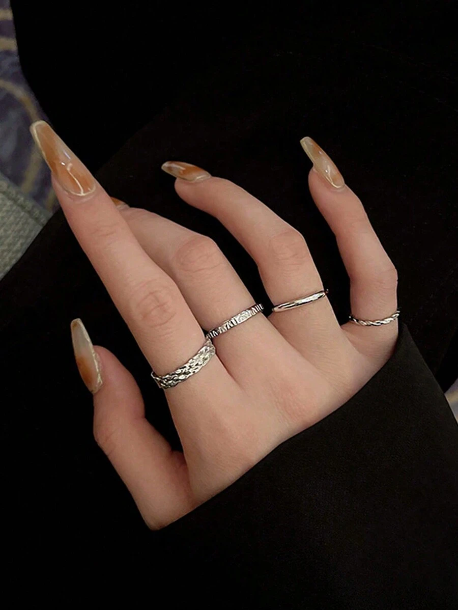4pcs Fashionable Simple Personalized High-End Minimalist Style Plain Circle Rings Set - Silver - View 1