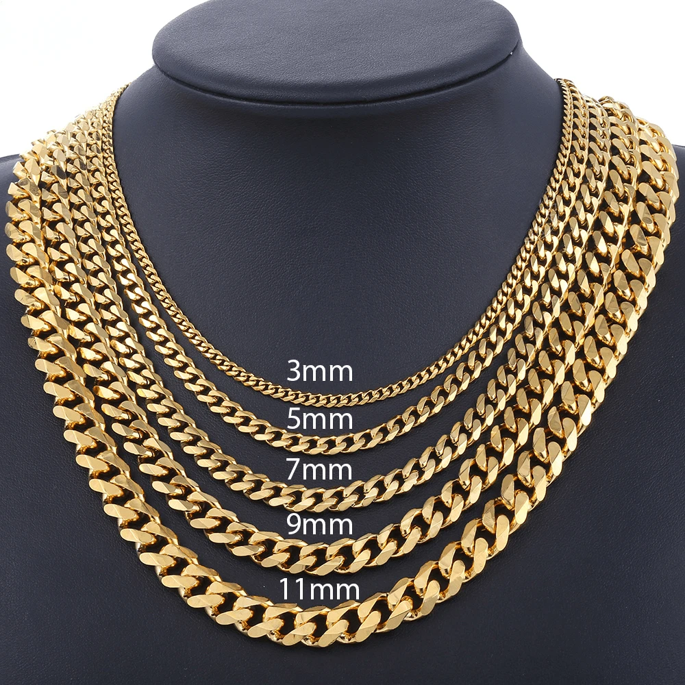Stainless Steel Curb Cuban Chain Necklace For Men Women Punk 3-11mm 16-30inch Link Jewelry Gift - 金色 - 查看 1