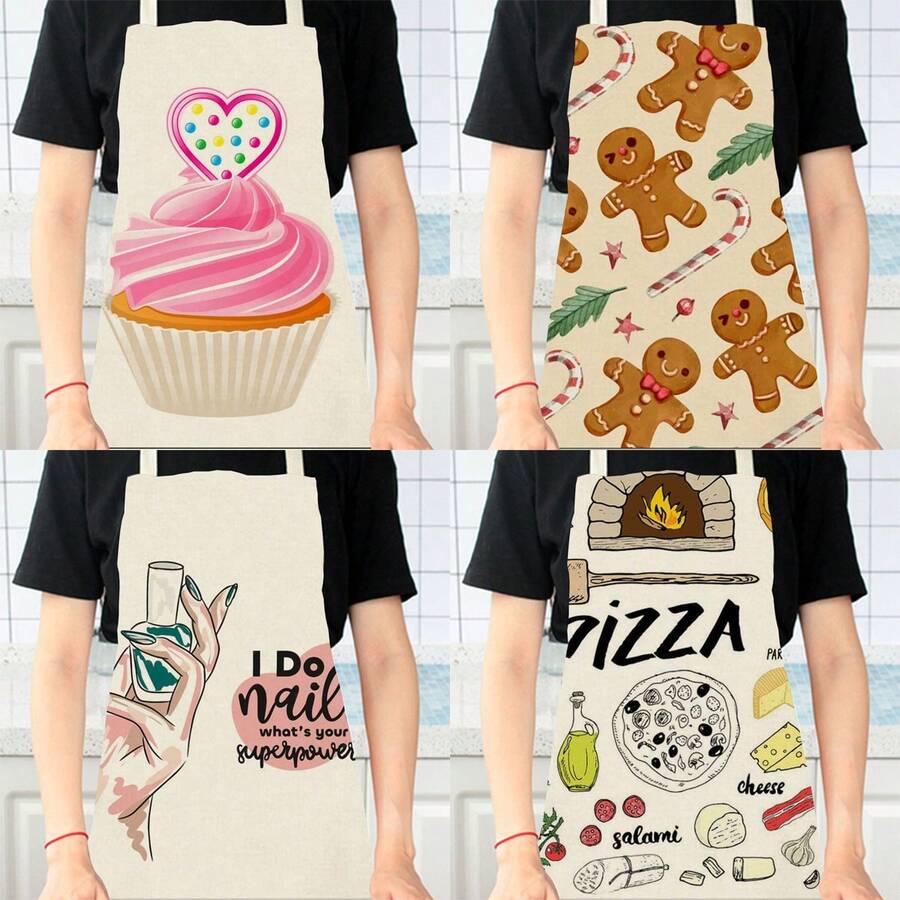 1pc Small Cake, Gingerbread Man, Candy Cane, Pizza, Nail Polish 3D Patterned Linen Apron For Kitchen Cooking Home Use - Multicolor - View 1