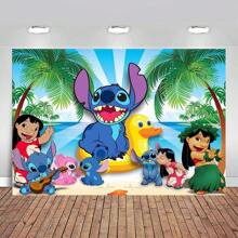 Banner de decoraciones de primer cumpleaños de Stitch Feliz cumpleaños respaldo de vinilo de Lilo y Stitch, fondo rosa de Stitch y Angel para el primer cumpleaños de Stitch, suministros para fiestas - Multicolor - Ver 1