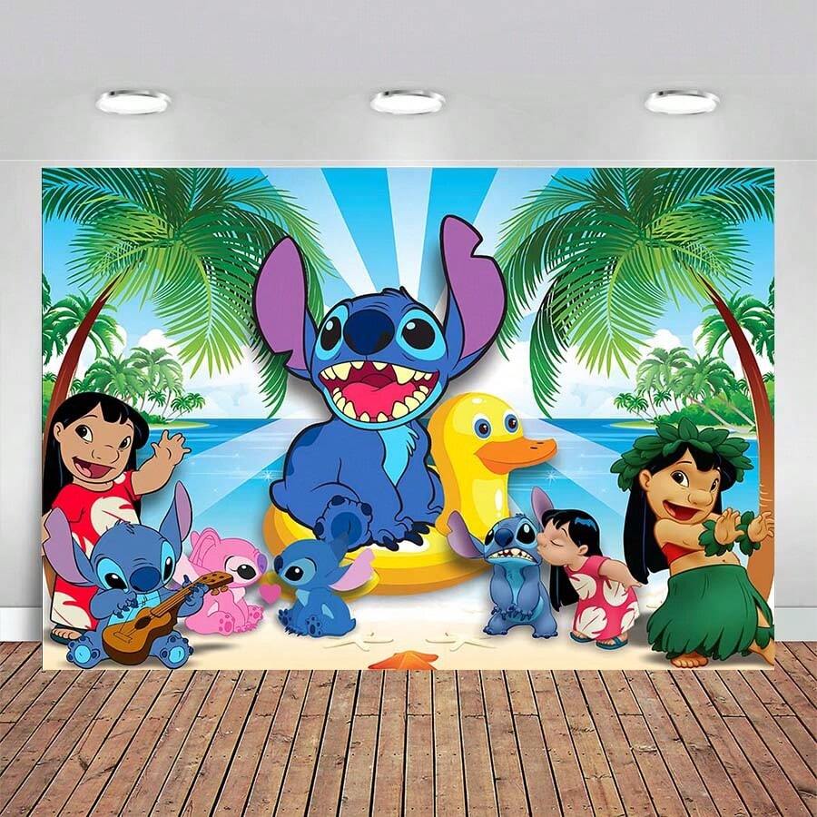 Banner de decoraciones de primer cumpleaños de Stitch Feliz cumpleaños respaldo de vinilo de Lilo y Stitch, fondo rosa de Stitch y Angel para el primer cumpleaños de Stitch, suministros para fiestas - Multicolor - Ver 1