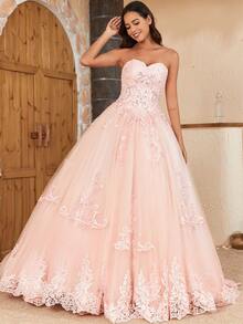 糸球状 ピンク キンセアニェラドレス チュール レース アプリケ プロムドレス ハート型ネック フォーマルパーティードレス - ピンク - チェックする 7