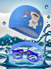 2 Stücke niedliche Cartoon Badekappen und Schwimmbrillen Kombination, hochauflösende verstellbare Silikon Kinder Schwimmbrillen, PU-Material Kinder Badekappen, geeignet für Mädchen Schwimmausrüstung, ideale Wahl für Sommergeschenke für Kinder