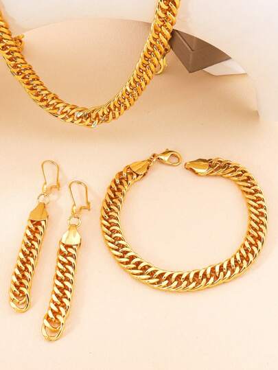 4入組庞克鏈條嘻哈風格珠寶套裝，適合男女搭配日常服裝派對配飾的金項鏈手鍊耳環