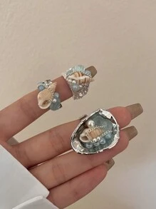 1 件夏日海滩度假时尚独特魅力高端手工天然绿松石串珠贝壳不对称开口戒指，适合女性日常、派对、约会、音乐节、新年、情人节、母亲节礼物 - 彩色 - 查看 7