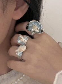 1 件夏日海滩度假时尚独特魅力高端手工天然绿松石串珠贝壳不对称开口戒指，适合女性日常、派对、约会、音乐节、新年、情人节、母亲节礼物 - 彩色 - 查看 3