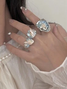 1 件夏日海滩度假时尚独特魅力高端手工天然绿松石串珠贝壳不对称开口戒指，适合女性日常、派对、约会、音乐节、新年、情人节、母亲节礼物 - 彩色 - 查看 4