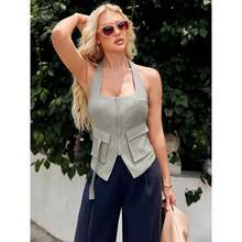 BZB Womens Summer Halter Vest Tops Going Out Backless Waistcoat Y2k Tank Sleeveless Shirts With Pockets - Grey - View 1